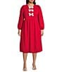 Sugarlips Plus Pearl Jena Glow Bow Round Neck Long Sleeve Velvet Midi Dress, Color:Red - Image 1
