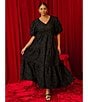 Sugarlips Plus Size Puffed-Sleeve Floral Jacquard Tiered Long Dress - Image 4