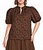 Sugarlips Plus Short Sleeve Floral Jacquard Split Neck Top - Image 1