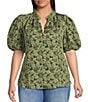 Sugarlips Plus Short Sleeve Floral Jacquard Split Neck Top, Color:Olive-Green - Image 1