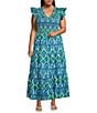 Sugarlips Plus Size Abstract Sunfire Printed Split V-Neck Cap Sleeve Tiered Poplin Maxi Dress - Image 1