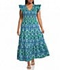 Sugarlips Plus Size Abstract Sunfire Printed Split V-Neck Cap Sleeve Tiered Poplin Maxi Dress - Image 1