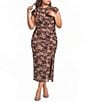 Sugarlips Plus Size Camo Printed Ruched Mock Neck Cap Sleeve Mesh Midi Dress - Image 1