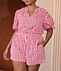Sugarlips Plus Size Chelli Checkered Gingham Printed Gretna Ruffle Split V-Neck Short Sleeve Coordinating Blouse Top - Image 5
