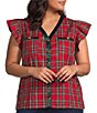 Sugarlips Plus Size Diana Plaid Printed V-Neck Ruffle Sleeve Button Front Top - Image 1