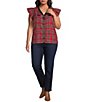 Sugarlips Plus Size Diana Plaid Printed V-Neck Ruffle Sleeve Button Front Top - Image 3