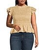 Sugarlips Plus Size Flutter Sleeve Smocked Woven Blouse, Color:Tan - Image 1