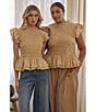 Sugarlips Plus Size Flutter Sleeve Smocked Woven Blouse, Color:Tan - Image 5