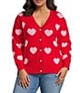 Sugarlips Plus Size Heart Print Crew Neck Long Sleeve Heart Buttons Cardigan, Color:Red Pink - Image 1