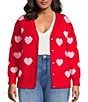 Sugarlips Plus Size Heart Print Crew Neck Long Sleeve Heart Buttons Cardigan, Color:Red Pink - Image 2