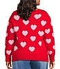 Sugarlips Plus Size Heart Print Crew Neck Long Sleeve Heart Buttons Cardigan, Color:Red Pink - Image 3