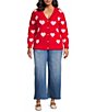 Sugarlips Plus Size Heart Print Crew Neck Long Sleeve Heart Buttons Cardigan, Color:Red Pink - Image 4