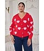Sugarlips Plus Size Heart Print Crew Neck Long Sleeve Heart Buttons Cardigan, Color:Red Pink - Image 6