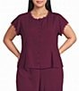 Sugarlips Plus Size Kaisy Crew Neck Short Sleeve Embroidered Trim Coordinating Button Front Top - Image 1