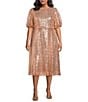 Sugarlips Plus Size Kelsa Sequin Round Neck Short Puffy Sleeves A-Line Midi Dress, Color:Gold - Image 1