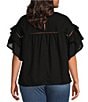 Color:Black - Image 2 - Plus Size Leah Lace Trim Crew Neck Short Ruffle Sleeve Blouse