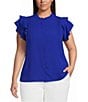 Sugarlips Plus Size Luna Ruffle Mock Neck Short Sleeve Button Down Blouse - Image 1