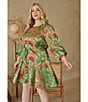 Color:Green Multi - Image 4 - Plus Size Matte Satin Tropical Print Balloon Sleeve Tie Waist Mini Derby Dress