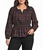 Sugarlips Plus Size Mirana Plaid Printed Split V-Neck Long Sleeve Smocked Waist Top - Image 1
