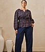 Sugarlips Plus Size Mirana Plaid Printed Split V-Neck Long Sleeve Smocked Waist Top - Image 5
