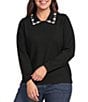 Sugarlips Plus Size Norie Rhinestone Collared Long Sleeve Sweater Knit Top - Image 1