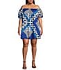 Color:Blue/White - Image 1 - Plus Size Off-the-Shoulder Bandana Style Mixed Media Printed Dress