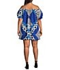 Color:Blue/White - Image 2 - Plus Size Off-the-Shoulder Bandana Style Mixed Media Printed Dress
