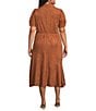 Sugarlips Plus Size Puffed Sleeve Asymmetrical Ruffle Faux Suede Midi Dress, Color:Dark Brown - Image 2