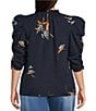 Sugarlips Plus Size Puffed Sleeve Dusk Bloom Floral Printed Blouse, Color:Navy Multi - Image 2