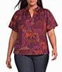 Sugarlips Plus Size Reva Tiger Print Ruffle Split V-Neck Short Sleeve Top - Image 1