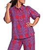 Sugarlips Plus Size Rory Abstract Viola Split Collar Short Sleeve Button Down Coordinating Linen Top - Image 1
