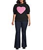 Sugarlips Plus Size Russel Heart Mock Neck Short Puff Sleeve Sweater, Color:Black Pink - Image 3