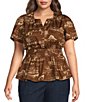 Sugarlips Plus Size Sarina Western Printed Split V-Neck Short Sleeve Smocked Poplin Peplum Top - Image 1