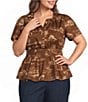Sugarlips Plus Size Sarina Western Printed Split V-Neck Short Sleeve Smocked Poplin Peplum Top - Image 1