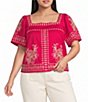 Sugarlips Plus Size Silvia Embroidered Square Neck Short Sleeve Top - Image 1