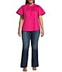 Sugarlips Plus Size Split V-Ruffle Neck Short Sleeve Blouse, Color:Fuchsia - Image 3