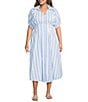 Sugarlips Plus Size Stripe Printed Collared V-Neck Short Sleeve Button Down Midi Dress - Image 1