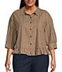 Sugarlips Plus Size Striped Collared Short Sleeve Ruffle Hem Button Front Top - Image 1