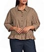 Sugarlips Plus Size Striped Collared 3/4 Sleeve Ruffle Hem Button Front Top - Image 1