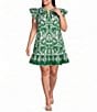 Sugarlips Plus Size Tropical Ebba Printed Split Neck Ruffle Cap Sleeve Mini Shift Dress - Image 1