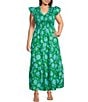 Color:Blue Multi - Image 1 - Plus Size Tropical Floral Print V-Neck Ruffle Cap Sleeve Smocked Bodice Tiered Long Dress