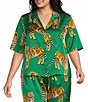 Sugarlips Plus Size Violda Tiger Printed Satin Collared Short Sleeve Button Down Coordinating Top - Image 1
