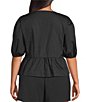 Sugarlips Plus Tie-Front Puffed Sleeve Woven Top, Color:Black - Image 2