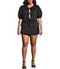 Sugarlips Plus Tie-Front Puffed Sleeve Woven Top, Color:Black - Image 3
