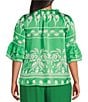 Sugarlips Plus Tropical Printed 3/4 Sleeve Satin Coordinating Top, Color:Green/White - Image 2