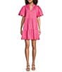 Sugarlips Poplin Ruffled Split V-Neck Short Sleeve Scallop Hem Mini Dress, Color:Fuchsia - Image 1