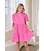 Sugarlips Poplin Ruffled Split V-Neck Short Sleeve Scallop Hem Mini Dress, Color:Fuchsia - Image 4