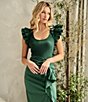 Color:Green - Image 3 - Poplin Scoop Neck Ruffle Sleeve Ruched Midi Dress