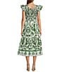 Sugarlips Printed Scoop Neck Double Ruffle Short Sleeve Smocked Midi Dress, Color:White Greens - Image 2