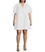 Color:White - Image 1 - Puffed Sleeve Faux Pearl Button Detailed Dress